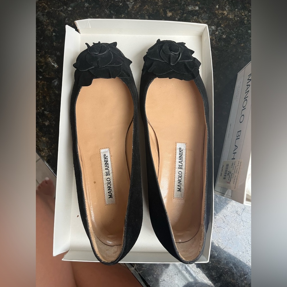 Manolo Blahnik Black Floral Flats